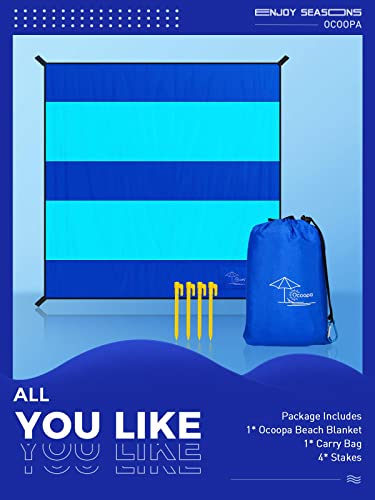 OCOOPA Extra Large Beach Blanket, Sand Free, Large Oversized Camping Mat, Comfortable Parachute Nylon, Cozy& Chic, Compact& Light, 4 Stakes&1 Travel Bag, S09 - color: Aqua Navy Blue, size: XX-Large(1-8 persons)