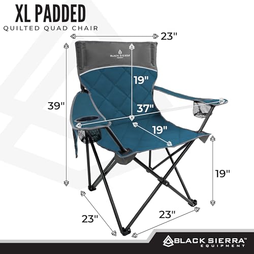 Black Sierra Quilted Padded Camping Chair, Oversized Heavy Duty Outdoor Lounge Seat Supports 300 lbs, Portable, Folding with Cup Holder for Beach, Tailgating, Sports, Patio - color: Blue