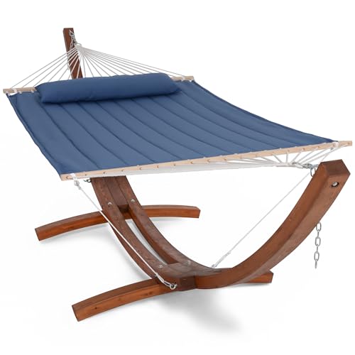 SUNCREAT Hammocks Double Hammock with 13.5 ft Wooden Stand Included, Outdoor Hammocks for Outside, 475 lbs Capacity, Navy - color: 03-blue Navy