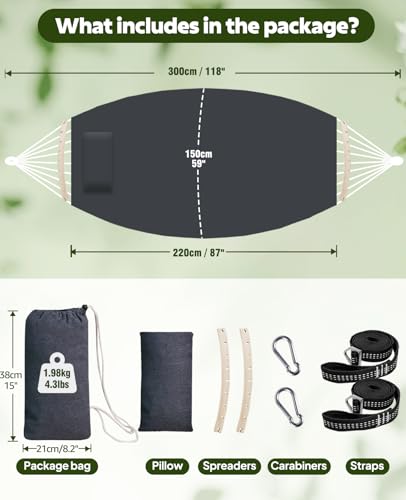 Chihee Hammock for Stand 9.8ft x 4.9ft Soft Cotton Hammock Holds Up to 660lbs Portable Tree Hammocks with Detachable Spreader Bar Pillow 2 Strong Webbings 2 Carabiners Patio Garden Indoor Outdoor - color: Dark Grey, size: 300x150cm
