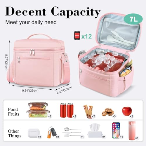 DALINDA Insulated Lunch Bag Lunch Box for Women Men,Leak-Proof Cooler Bag Lunchbox Lightweight for Work Picnic,Study,Beach,Camping,Travel - color: Pink, size: 7L Medium · Compact Size