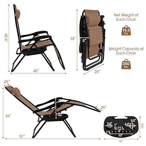 Goplus Zero Gravity Lounge Chairs, 160°Adjustable Folding Recliner w/Pillow and Cup Holder, 350LBS Comfy Outdoor Lounge Chairs for Patio, Lawn, Yard & Camp(1, Beige) - color: Beige, size: 35.4" x 25.2" x 43.3" (Set of 1)