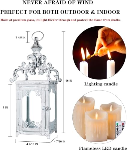 Large Candle Lantern, Decorative Hanging Lantern, Vintage Metal Tabletop Lantern for Outdoor Patio Rustic Home Decor, Candle Holders with Clear Glass (White) - color: White / 16'' / 1 Pc