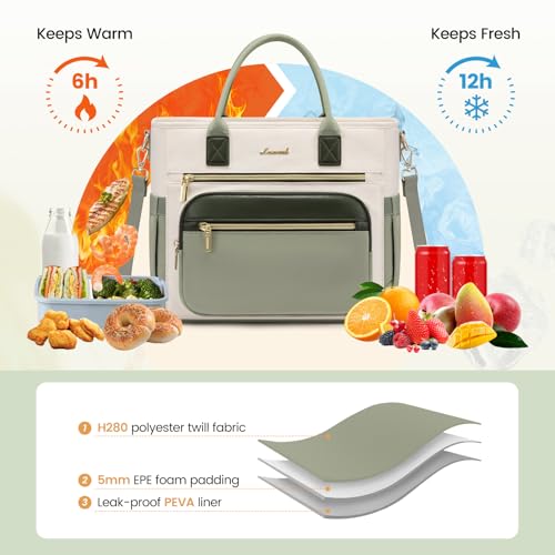 LOVEVOOK Insulated Lunch Bag Women,Wide Opening Adult Lunch Box Women,Leakproof Cooler Bag for Work Picnic Beach Family College,Lunch Teacher Tote Bag with Adjustable Shoulder Strap and Cup Holder - color: Off White with Green, size: X Large —18l