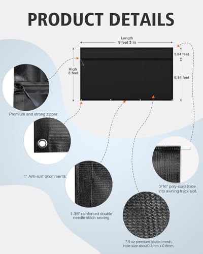 Dulepax RV Awning Shade Screen with Zipper 8'X9'3'' -Second Generation RV Awning Screen Significantly Improves Shadew and Privacy.Universal RV Awning Sun Shade Screen with Complete Kits - color: Black, size: 8'X9'3" Shade Screen for 10 ft Awning