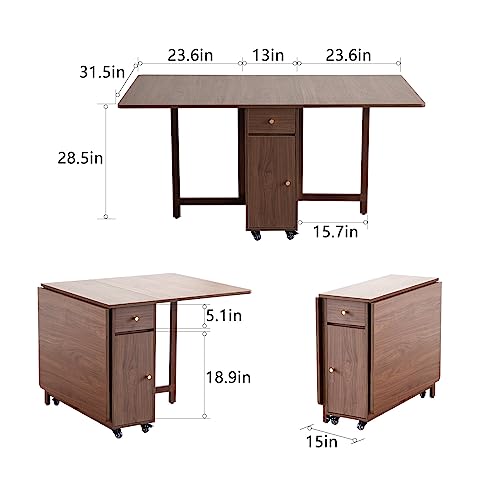 COMUHOME Extendable Drop Leaf Foldable Dining Table with 2 Drawers and 4 Wheels for Living Room Kitchen Farmhouse Space Saving Table in Walnut - color: Walnut
