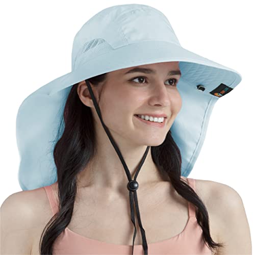 SUN CUBE Wide Brim Sun Hat with Neck Flap, UPF50+ Hiking Safari Fishing Hat for Men Women, Sun Protection Beach Hat - color: Light Blue