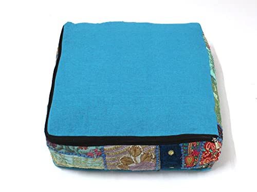 Mam Treasures Indian Bohemian Decorative Pillow Vintage Cushion Cover Patchwork Square Floor Pillow Cover Meditation Cushion Large Floor Pillow Indian Cushion (Light Blue, 16 X 16 X 5 Inch) - color: Light Blue, size: 16" x 16" (Pack of 1)