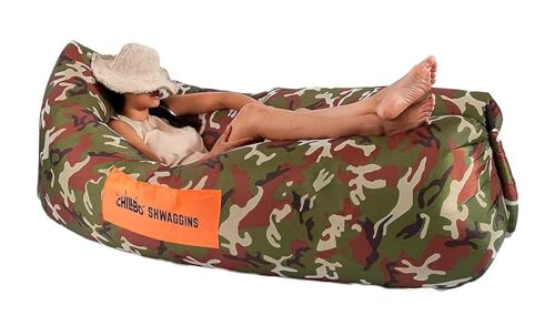 Chillbo Inflatable Couch – Unique Designs - No-Pump Setup, Ripstop Polyester, Stability Pegs, Fun Prints - Portable Air Inflatable Lounger for Beach, Camping, Festivals, and Tailgating - color: Camo Green, size: Large