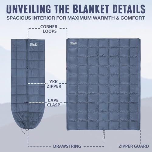 ZIPPIES 3M Thinsulate Insulation Puffy Camping Blanket for Cold Weather, Queen Size Warm Camping Quilt with Zipper, Waterproof Outdoor Sleeping Bag for Hammock, Cozy & Versatile Gift for Men and Women - color: Navy