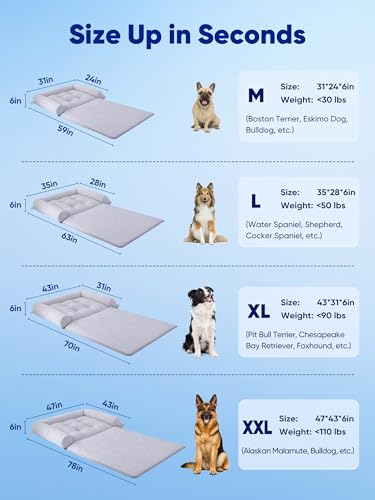 Rywell 3-in-1 Cooling Human Dog Bed, 78" x 47"-Fully Unfolded, Dog Cooling Mat with Arc-Chill Tech (Q-Max>0.5), Dog Crate Pad for Summer, Non-Slip & Fully Machine Washable, Gift for Dog Lovers, Grey - size: XX-Large
