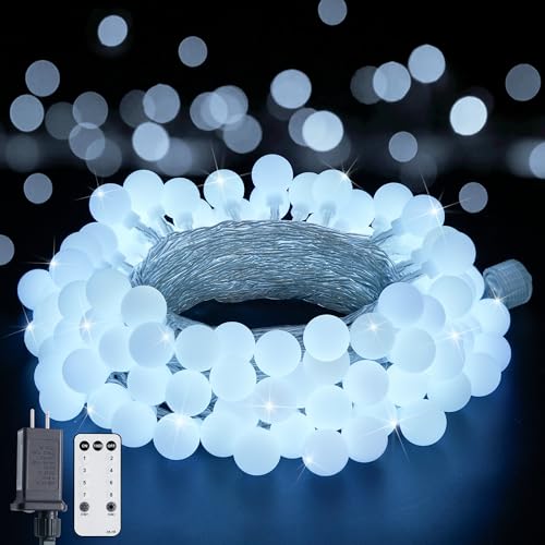 JMEXSUSS 100 LED White String Lights Indoor, Connectable Globe String Lights Plug in with Remote, 33 ft 8 Modes Christmas Fairy Light Outdoor for Bedroom Room Mirror Party Holiday Valentines Decor - color: White, size: 100 LED Plug