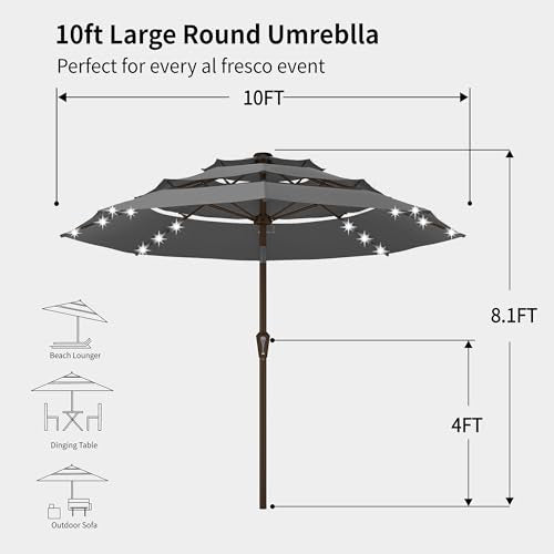 Kingdura 10ft 3-Tier Patio Umbrella with Solar Lights, Table Umbrella Outdoor Patio with Easy Crank & Tilt, 8 Sturdy Ribs, UV Protection, 32 LED Lights for Deck, Poolside, Market (Grey) - color: Grey-LED, size: 10 FT