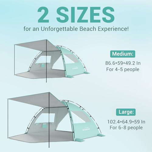 Elegear CumbreX™ Beach Tent Sun Shelter with Canopy, 6-8 Person Pop Up Beach Tent, Easy Setup UPF 50+ UV Protection Portable Lightweight Double Silver Coating Cabana Sun Shade Shelter - Green - color: Green, size: 6-8 Person
