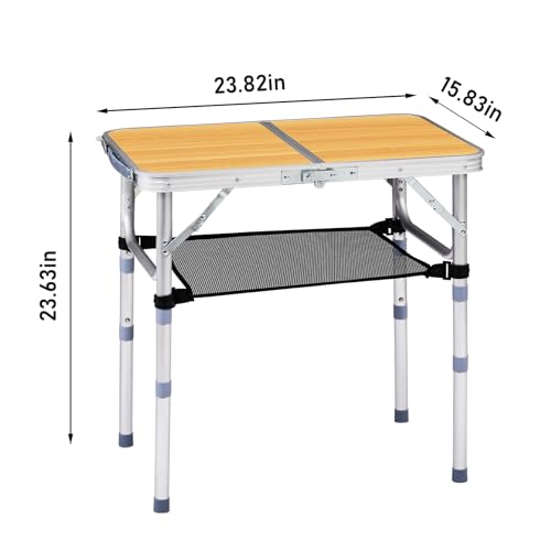 Camping Table, Adjustable Height Folding Table, Portable Aluminum Small Folding Table with Carry Handle for Picnic, BBQ, Indoor, Office (Wood Color, 2 FT) - color: Wood Color, size: 2 FT