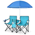 COSTWAY Double Portable Picnic Chairs, Folding Camping Chairs w/Detachable Umbrella, Cooler Bag, Cup Holders, Patio Beach Camping Chairs for Outdoors - color: Turquoise