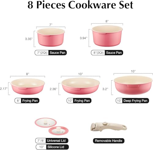 IKTU Ceramic Pots and Pans Set Non Stick Pink, 8 Pcs Nonstick Cookware Set with Detachable Handle RV Camping Induction Kitchen Cookware Set Non Stick, PFAS PFOA & PTFE Free - color: Pink
