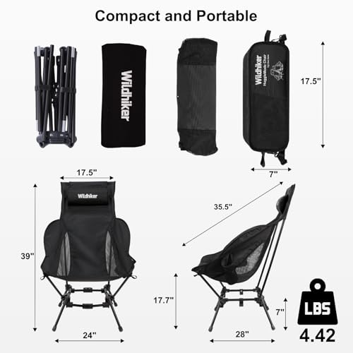 Wildhiker Compact High Back Camping Chair - Foldable with Dual Sitting Modes, Pillow, Arm Pads and Side Pockets - Lightweight Portable Chair for Motorcycle, RV, Festival, Travel - Black - color: Black
