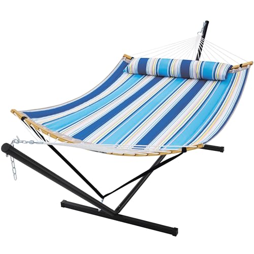 SUPERJARE Curved-Bar Hammock with Stand, 2 Person Heavy Duty Hammock Frame, Detachable Pillow & Portable Carrying Bag, Perfect for Outdoor & Indoor, Holiday Voyage Stripe - color: Holiday Voyage Stripe