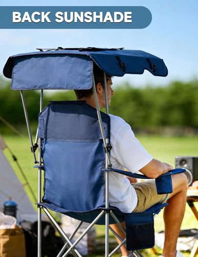 East Oak Camping Chair with Canopy | 25" High Back Folding Beach Chair with Canopy Shade, Supportive Headrest, Cup Holder, Side Pocket, 330 lbs Heavy Duty Canopy Chair for Outdoors - color: Blue, style: Camp Chair