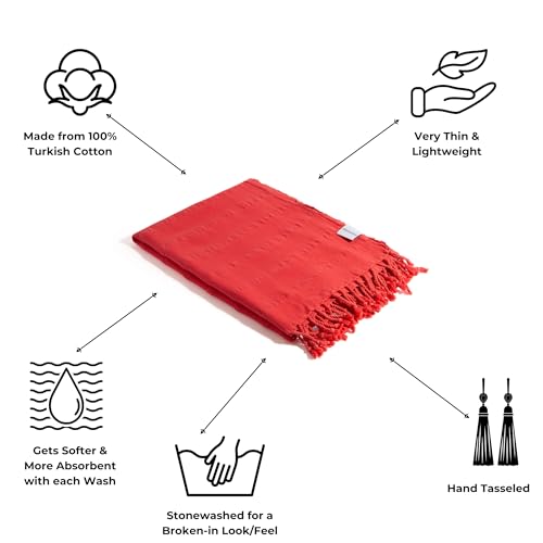 InfuseZen Stonewashed Turkish Bath & Beach Towel –100% Organic Turkish Cotton - Soft, Lightweight, Absorbent - Quick Dry, Sand Free - Swim, Pool, Shower, Travel - Peshtemal, Hammam Spa Towel - Coral - color: Coral