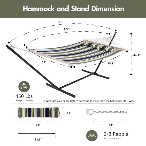 ANOW Double Hammock with Stand 12FT, Heavy Duty Hammocks with Stand for Outside, 450 LBS Weight Capacity, Blue & Green Stripes - color: Blue & Green Stripes, size: 2 Person With Stand