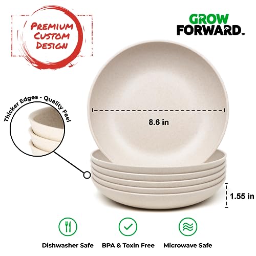 Grow Forward Premium Wheat Straw Pasta Bowls - 30oz Unbreakable Wide & Shallow Dinner Plate Bowls Set of 6 - Microwave Safe Reusable Plastic Pasta Bowls for Kids, Adults, Salad, Camping, RV - Sahara - color: Sahara Beige, size: 30oz