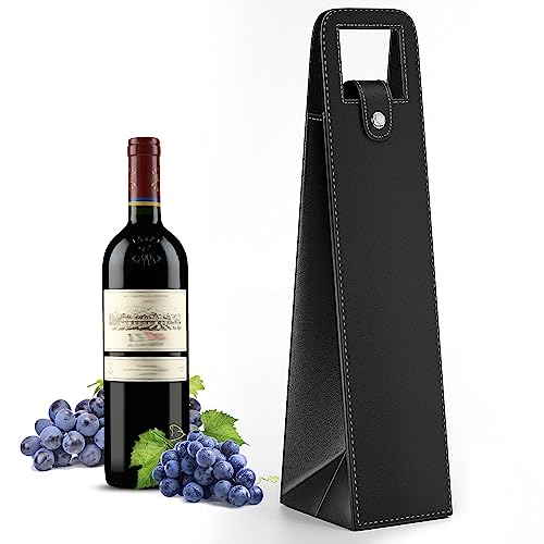 RYDDOY Wine Gift Bag, Reusable Leather Wine Tote Carrier, Single Bottle Champagne Beer Gift Bags Carrier for Birthday, Wedding, Picnic Party, Christmas festival Gifts (Black) - color: A-Black-16.1×3.5×3.5