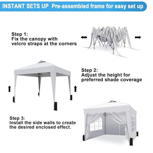 SANWAY 10x10 Pop Up Canopy Tent with Sidewalls x 4 – Easy Setup Canopy Tent, Waterproof, UV-Resistant, Portable with Carry Bag for Outdoor Events, Camping, and Backyard Parties – White - color: White (Canopy with 4 Sidewalls)