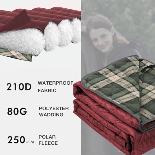 DUKUSEEK Waterproof Camping Blanket with Super Thick Fleece Lining, Large Outdoor Blanket Windproof with Foldable Hood for Camping Stadium Sporting Events,79"x 58" - color: Wine Red Outer With Blue Plaid Fleece