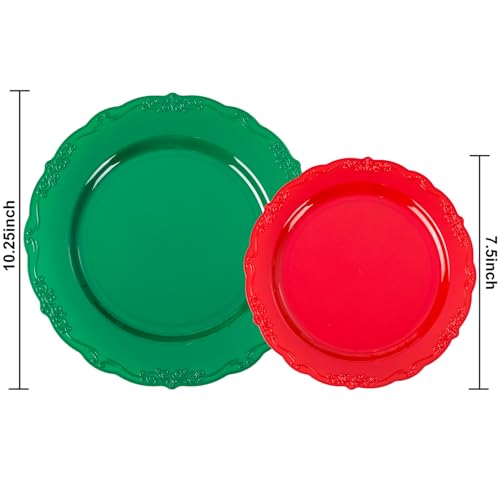 U-QE 100Pcs Christmas Plastic Plates - Green and Red Plate Disposable for Party, Plastic Christmas Plates Disposable Include 50 Red Dessert Plate, 50 Green Dinner Plate Suite for Party - color: Green Red