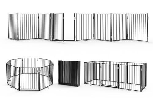 No Pawblems Free Standing Dog Gate with Door, 30'' Tall Foldable Dog Fence for Indoor & Outdoor, Up to 208 Inch Extra Wide Puppy Gate for Stairs, Hallways, Doorways, Deck, Yard (Black, 8 Panels) - color: Black, size: Up to 208" W, 8 Panels