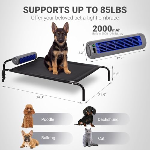 Tailwaggz Elevated Outdoor Dog Bed with Fan - Cooling Dog Bed for Large Dogs, Waterproof Cot Easy to Assemble, 3 Wind Speed, Raised Dog Bed with Washable Mesh Cover, Durable, Non Slip, Up to 85 lbs - size: Medium