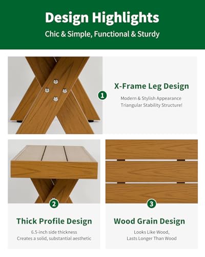 44.5" HIPS Outdoor Dining Bench, X-Shaped Modern Backless 2-Person Seating, All-Weather Patio Bench with Wood Grain Texture, Easy Assembly, Teak - color: Teak, size: 1 Bench