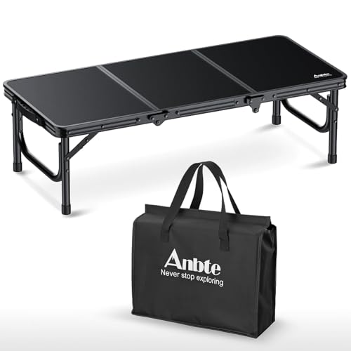 Anbte 3ft Low Folding Picnic Table, 10.3" Height Thicker Aluminum Small Camping Table with Storage Bag, Portable Handle, Lightweight, for Camping Beach Party Picnic Floor, 34.2" x 15.7", Black - color: Black, size: 34.2" x 15.7" x 10.3"