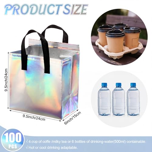 FoldTier 100 Pcs Iridescent Insulated Bag Bulk for Food Delivery Customized Thermal Insulation Take Away Bag for Hot Cold Coffee Milk Seafood Pizza Delivery for Grocery Catering Restaurant Beach Party