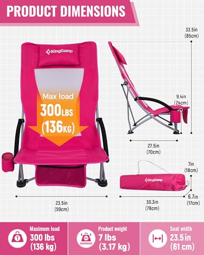 KingCamp Low Beach Chair, High Back Folding Camping Chair for Adults, Oversized Breathable Mesh Seat, 300lbs Heavy Duty Portable Chair with Cup Holder & Storage Pockets for Beach, Outdoor - color: Ergobreeze H Rosered 2pcs