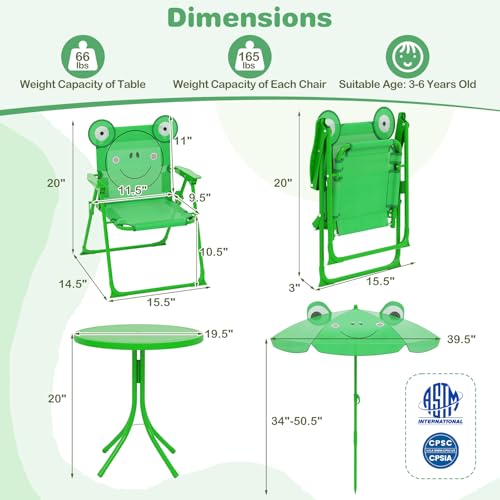 Costzon Kids Picnic Table, Kids Outdoor Table with 2 Folding Chairs, Height Adjustable Umbrella, Portable Children Outdoor Furniture for Patio, Garden, Backyard (Green) - color: Dark Green Frog