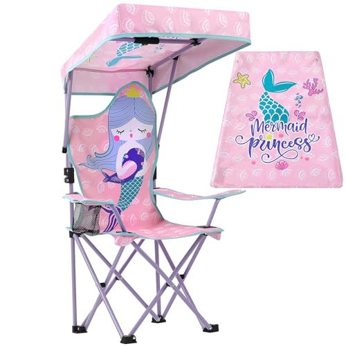 KABOER Kids Outdoor Folding Lawn and Camping Chair with Cup Holder and Carrying Bag, Children's Camping Chairs - color: Mermaid With Canopy