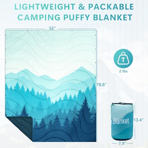 Camping Blanket, Waterproof Outdoor Blankets for Sleeping Packable Ultralight Puffy Camping Quilt for Hammock Hiking Picnic Stadium Beach Cold Weather 55"x78.8" - color: Cyan Mountain Blanket