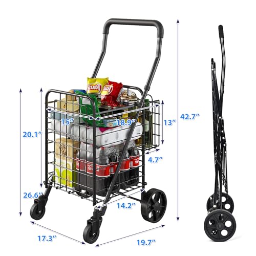 Folding Shopping Cart, Rolling Trolley with 360° Swivel Wheels Height Adjustable Grocery Cart for Laundry, Baggage, Picnic - size: Medium - Basic