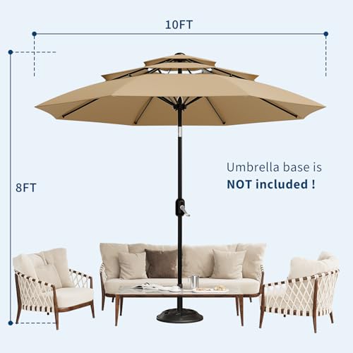 Garvee 10Ft 3-Tier Patio Umbrella, Outdoor Table Umbrella with Vents, Easy Crank and Push Button Tilt, Market Umbrella with 8 Sturdy Ribs for Pool, Deck, Yard, Garden -Tan - color: Tan, size: 10FT