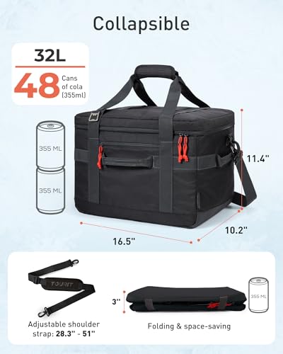TOURIT Soft Sided Cooler Bag Insulated 30/48/60 Cans, Large Collapsible & Leakproof Ice Chest for Picnic, Beach, Camping, Travel - color: Black, size: 48Can 32L