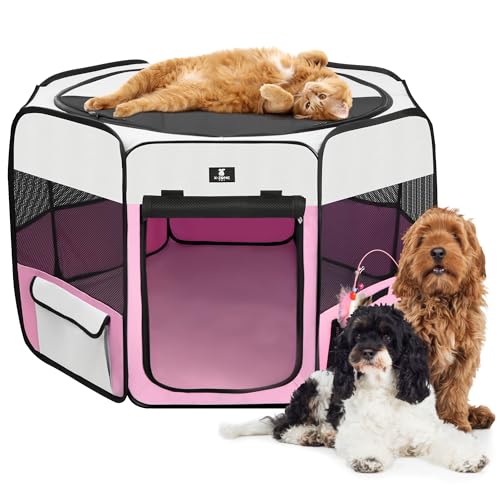 X-ZONE PET Dog Playpen Portable Pet Play Pens for Puppies, Cat, Rabbit, Chicks, Foldable Exercise Play Tent Kennel Crate, Indoor/Outdoor Travel Camping Pink Medium - color: A Pink, size: Medium