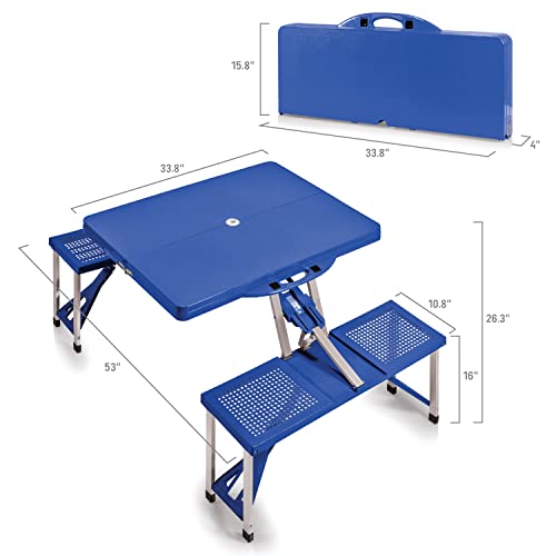 Picnic TIME Portable Folding Picnic Table with Seats for 4, Collapsible Aluminum Table with Benches & Umbrella Hole, Lightweight Foldable Table for Camping, Travel, Backyard, Tailgating | with Umbrella Hole - color: Play Town - Blue