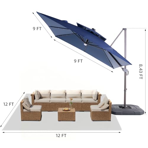 JZAC & QZYD 9x9 FT Outdoor Cantilever Patio Umbrella with Base Included and Solar LED Lights, Large Heavy Duty 2-Tier Square Aluminum Offset Umbrellas with 360-Degree Rotation for Pool Deck, Navy - color: Navy, size: 9'×9' - Weighted Base Included