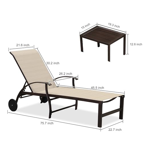 PURPLE LEAF Outdoor Chaise Lounge Chair Set of 3 Patio Pool Lounger Aluminum Chairs with Side Table and Wheels Adjustable Tanning Recliner for Outside Backyard Yard Deck Balcony Beach Light Khaki - color: Light Khaki, size: 2 Chairs with Wheels & 1 Table