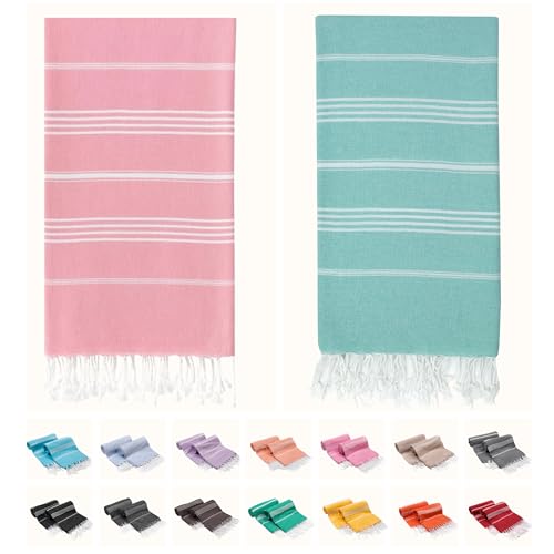 2 Pack The Turkish Beach Towel 40x72 Inches, Oversized 100% Cotton Sand Free Lightweight Absorbent Quick-Dry (Aqua Baby Pink) - color: Aqua/Baby Pink