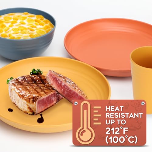 HOTEC 24-Pack Unbreakable Kitchen Plastic Wheat Straw Dinnerware Set – BPA-Free Plates, Bowls & Cups | Lightweight, Microwave & Dishwasher Safe | Multicolor Reusable Tableware for Home & Outdoor Use