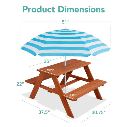 Best Choice Products Wooden Kids Picnic Table with Umbrella, Outdoor Activity Table Set with Built-in Benches, 220 lb Capacity per Bench - Golden Brown/Aqua - color: Golden Brown/Aqua